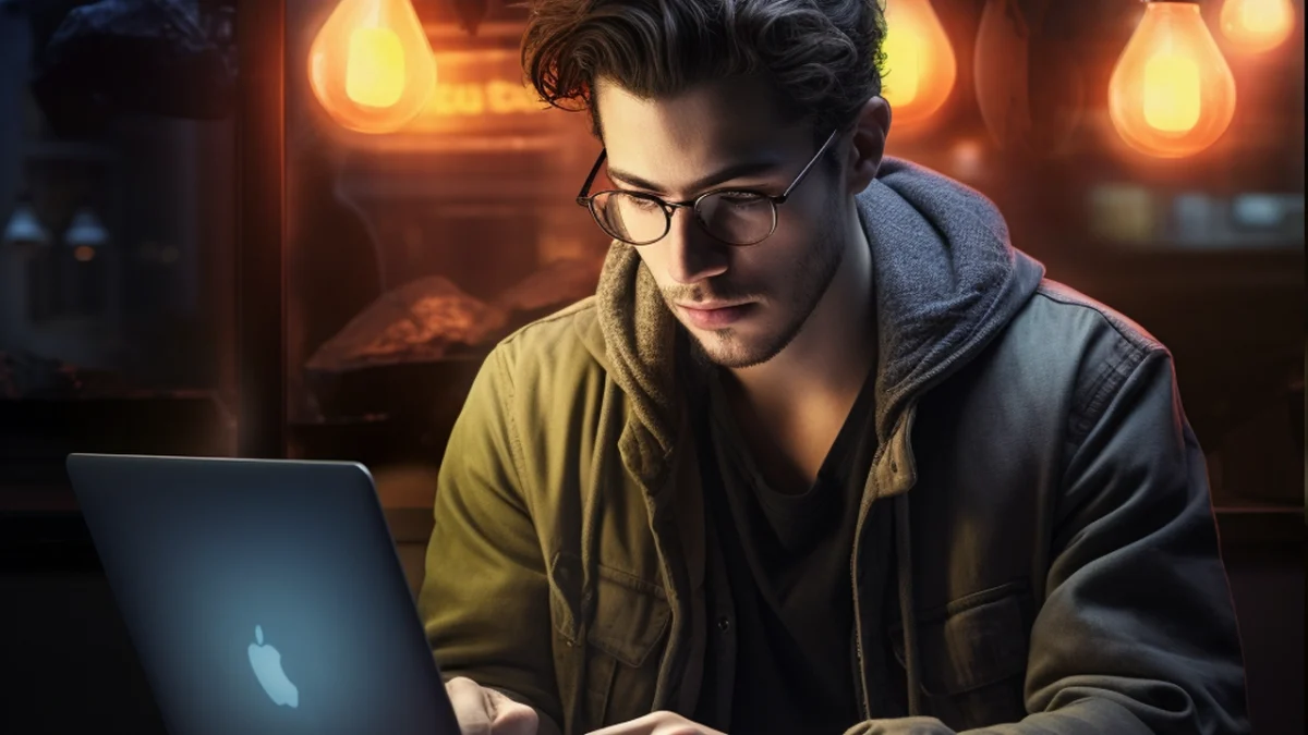 Young man reading a document on his MacBook pro